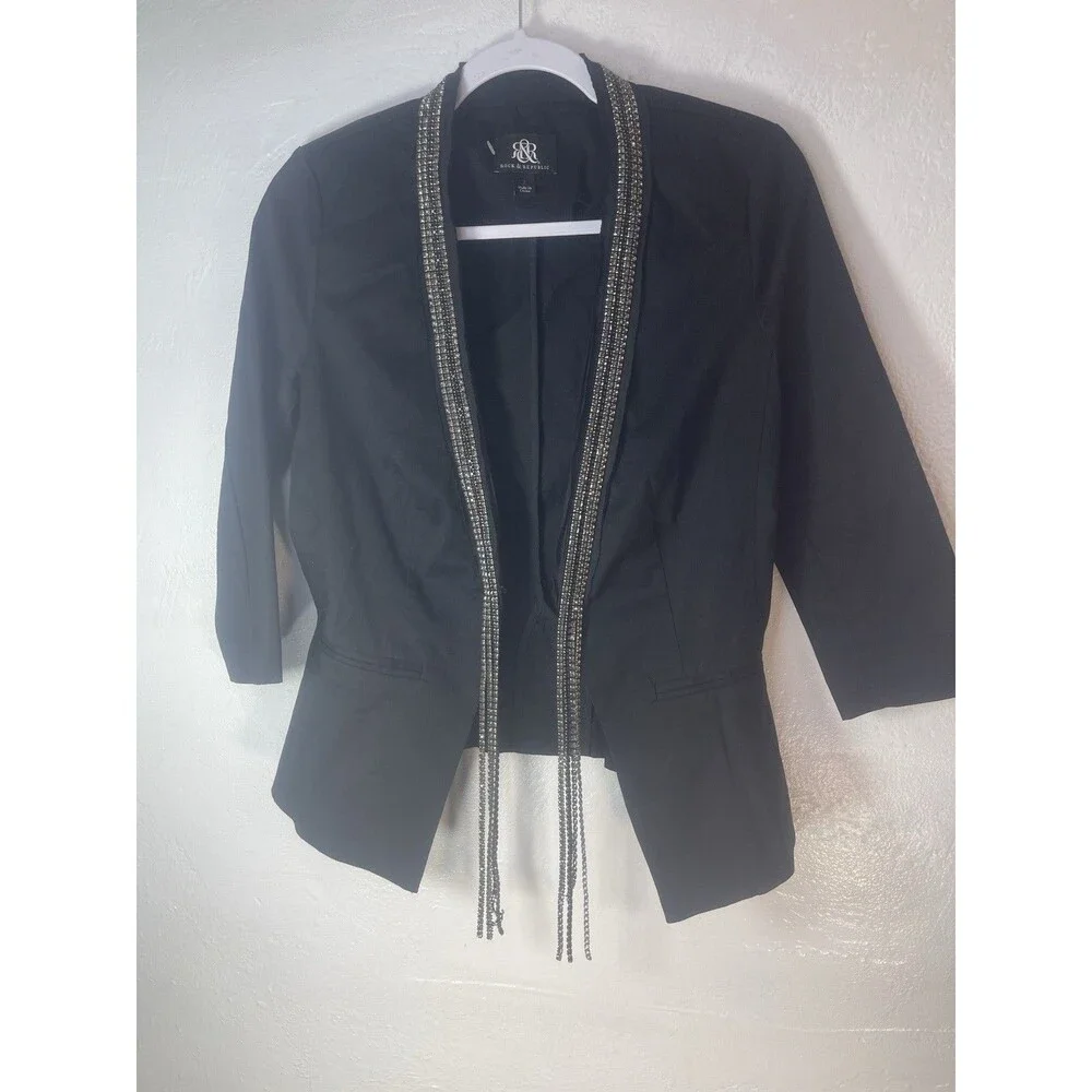 Rock & Republic Black Jacket Blazer Rhinestone Sz 2 Moto Party Rock Y2K Goth